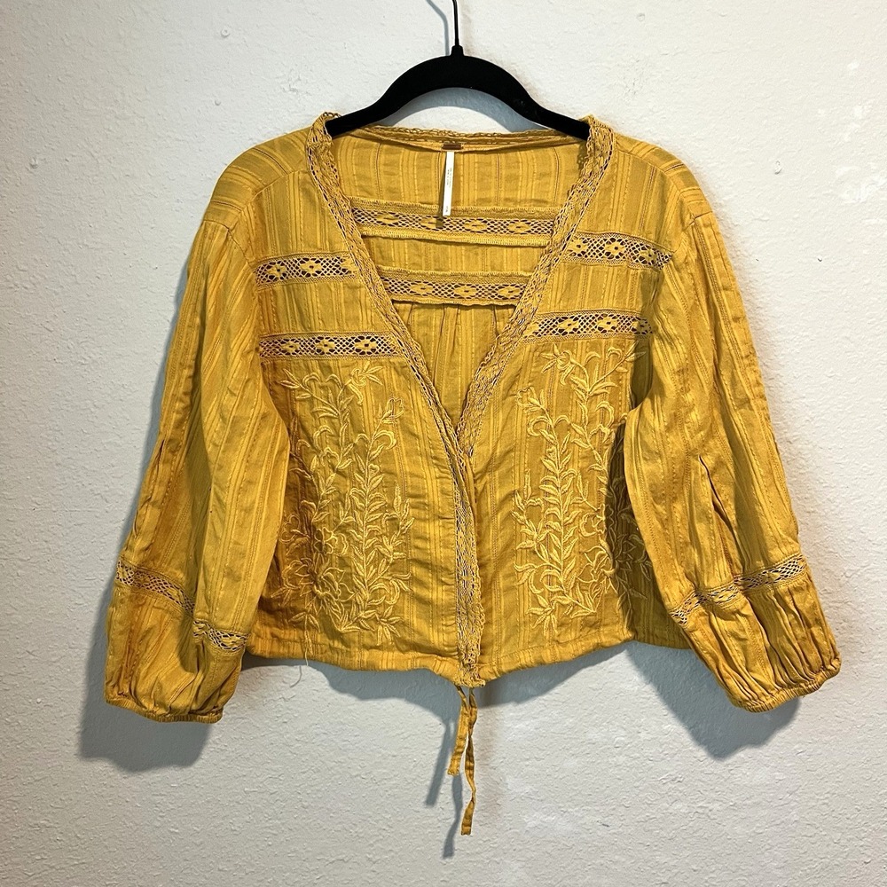Free People Blouse Small Marigold Yellow 100% Cotton Embroidered Boho Cropped